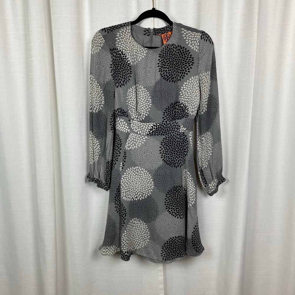 Tory Burch Gray&Black Pattern Silk Long Sleeve Dress Sz.6